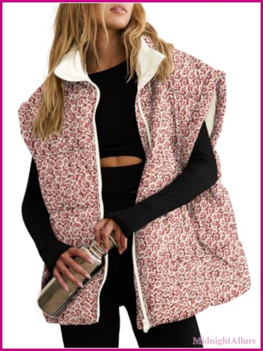 Oversized Floral Plaid Puffer Vest Quilted Zip Warm Winter Layering Gilet